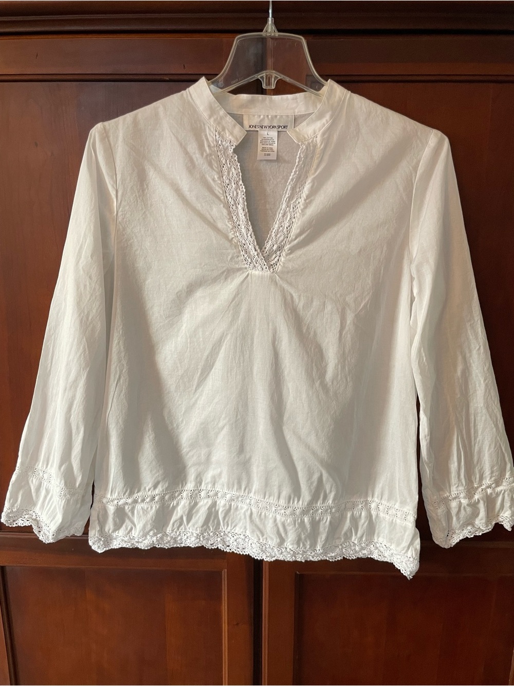 Jones New York White cotton Crochet-Trim Long Sleeve Tunic